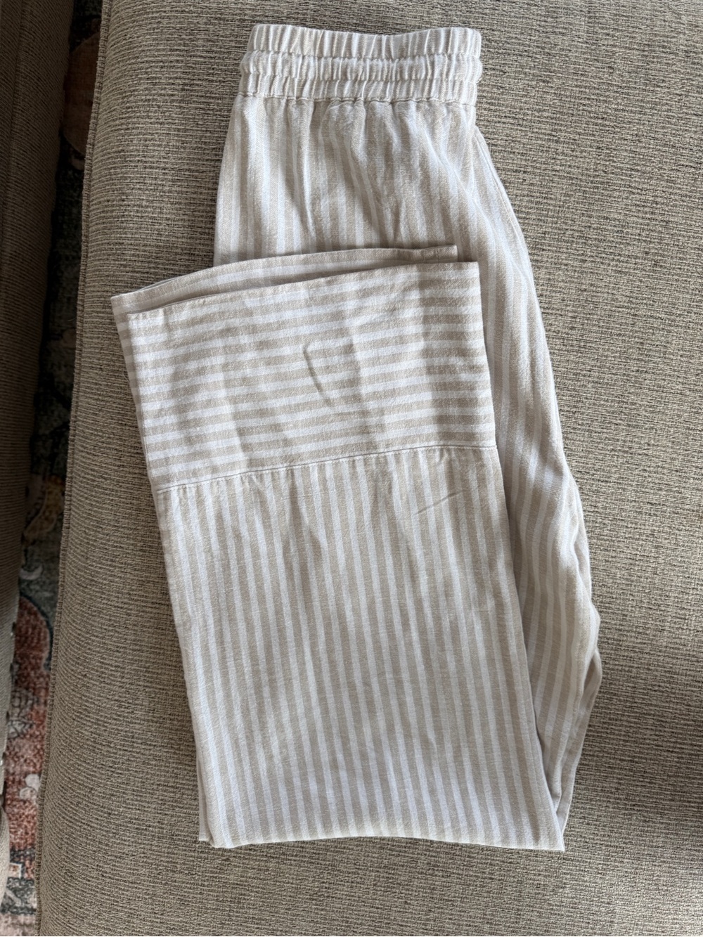 Beige Stripe Linen Blend Drawstring Lounge Pants Size M - Picture 3 of 5